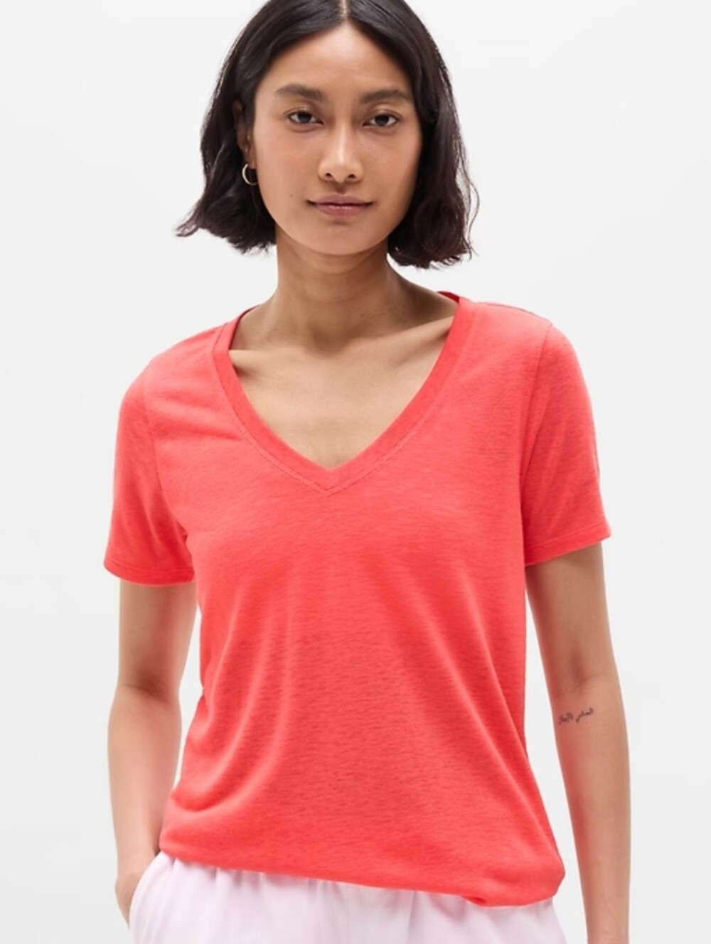 J. Crew Coral V-Neck Short Sleeve Linen Tee Size L